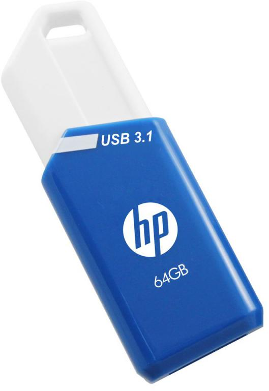 Blau-weißer USB-Stick mit weißer Kunststoffkappe. Das HP-Logo befindet sich auf dem blauen Teil.