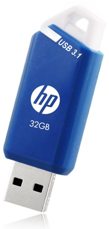 Blau-weißer USB 3.1-Stick mit 'hp'-Logo und '32GB'. Eine weiße Kappe schützt den USB-Anschluss.