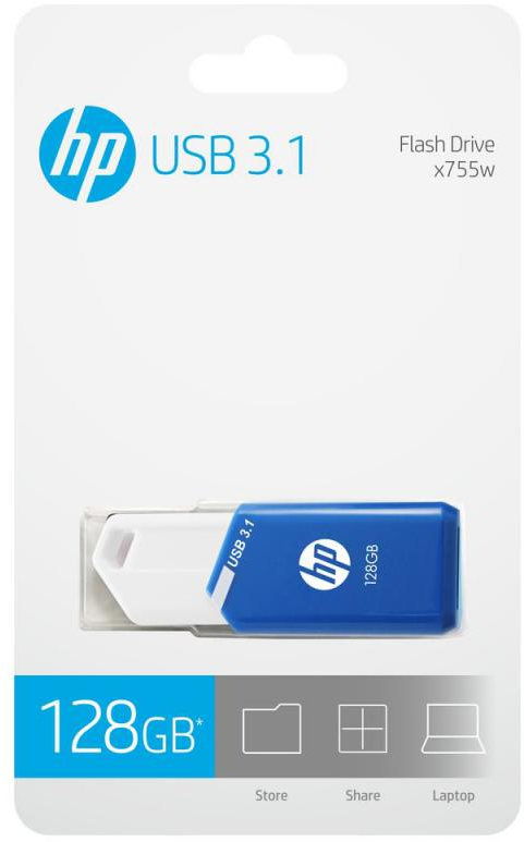 Ein weißer und blauer USB-Stick auf weißem Hintergrund in seiner Verpackung mit dem HP-Logo.