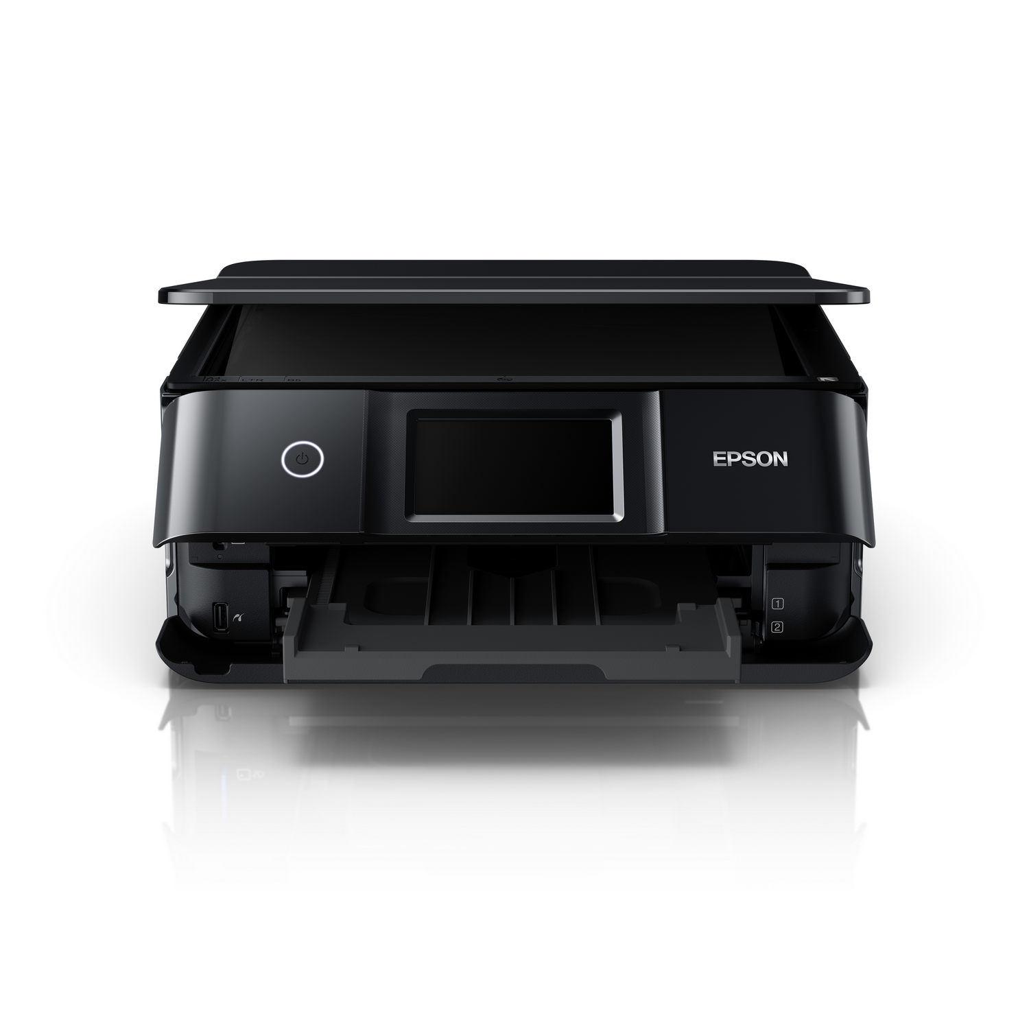 Impresora Epson negra con la parte superior abierta, mostrando el interior.