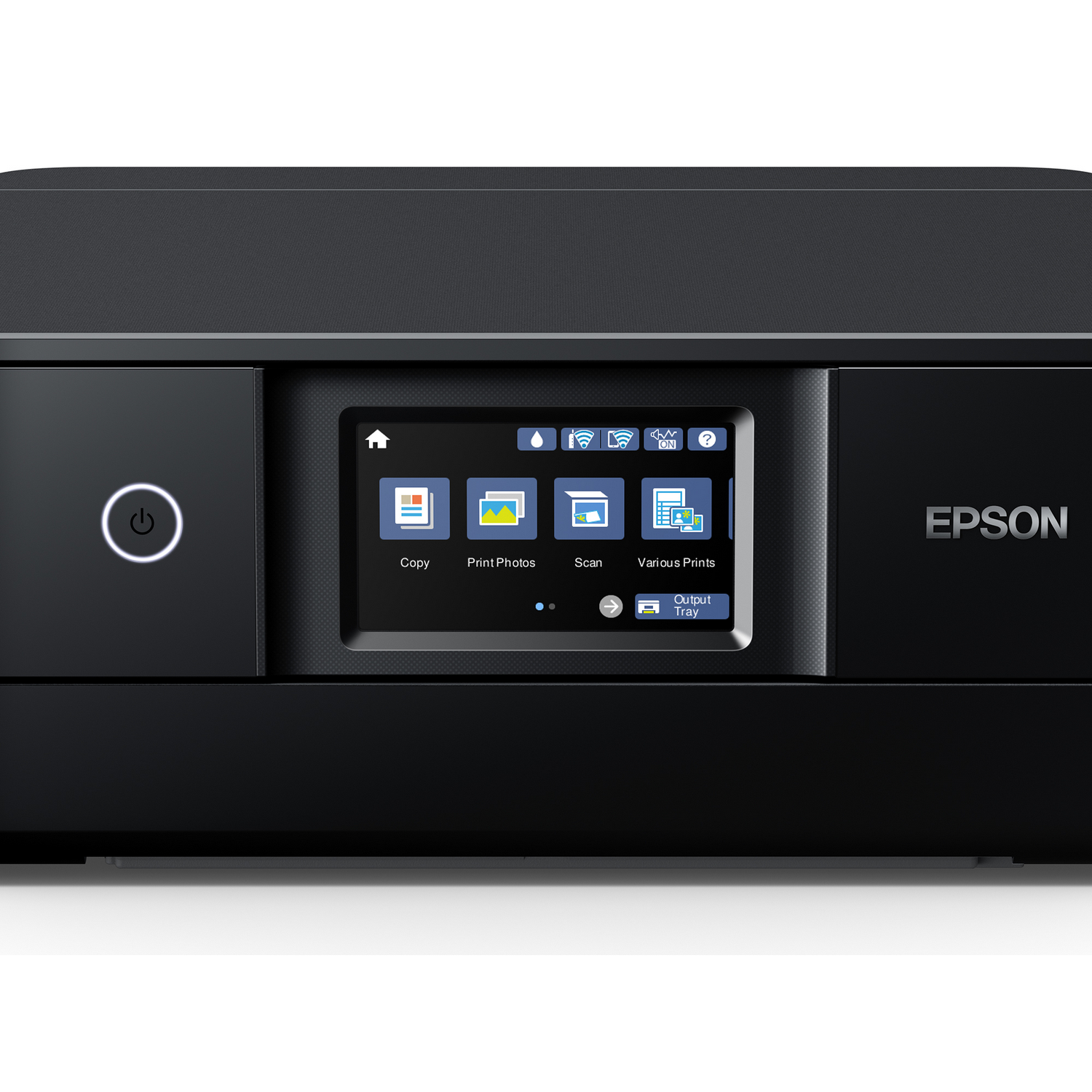 Impresora Epson negra con pantalla de iconos. Botón de encendido iluminado.
