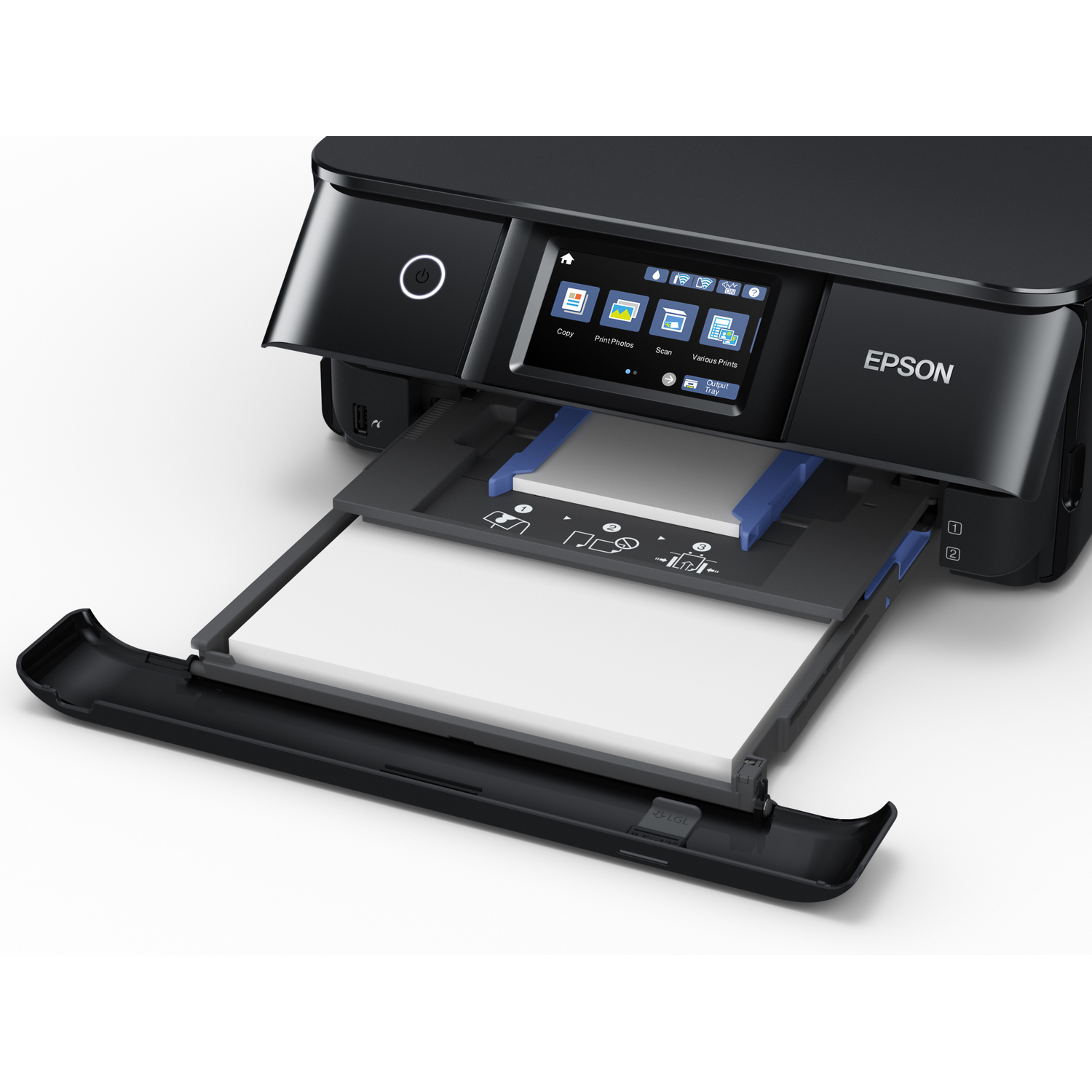 Impresora Epson negra con bandeja de papel extendida, papel blanco dentro.