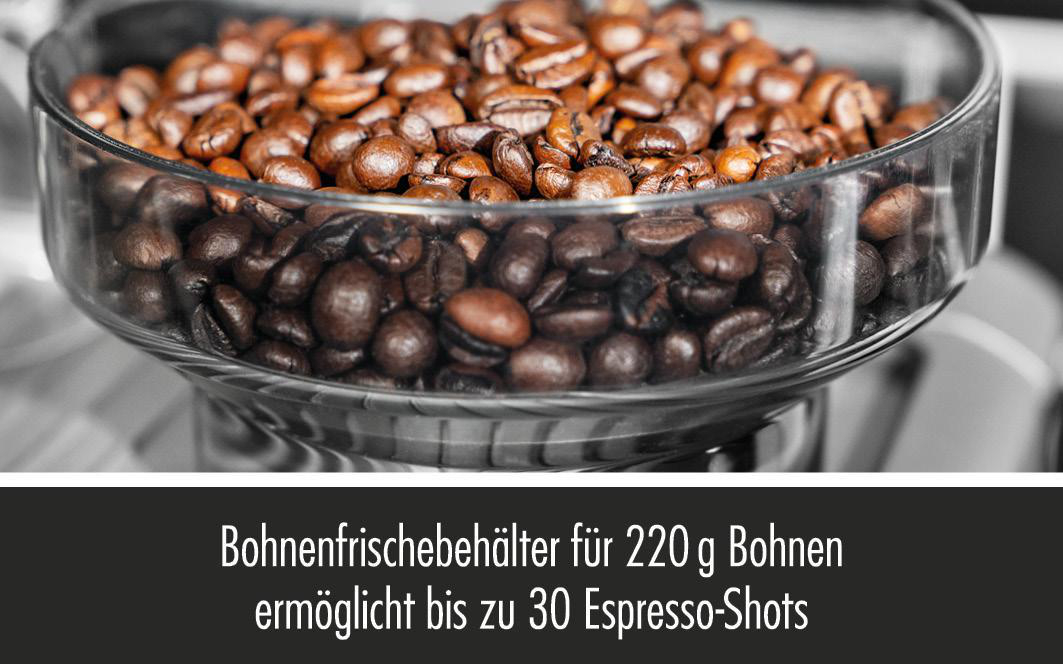 Kaffeebohnen in einem transparenten Glasbehälter mit Text über Espresso.