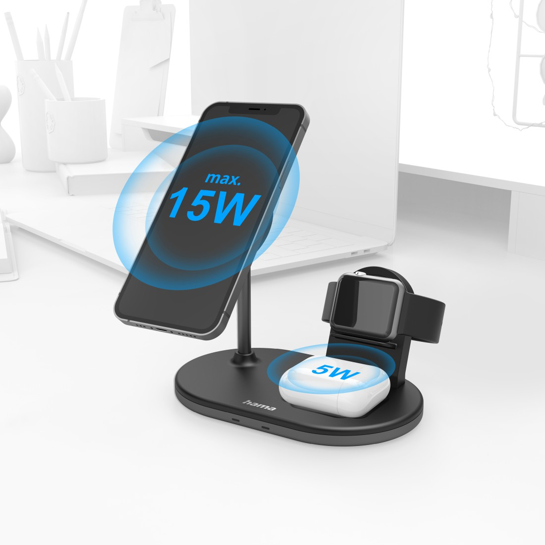Schwarze Telefon-Ladestation mit Telefon und Uhr. Text: 15W und 5W.