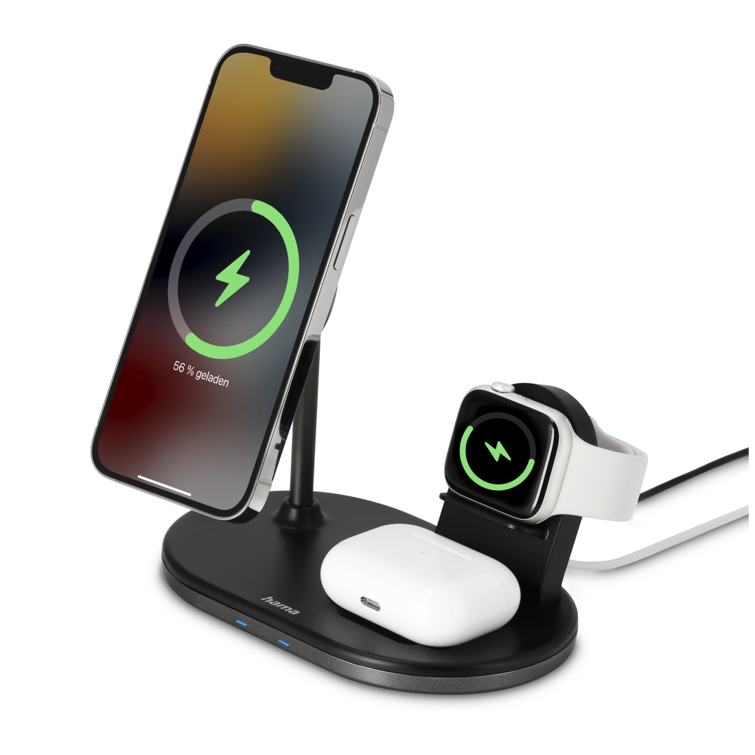 Schwarze Ladestation mit Telefon, Uhr und Ohrhörern, die laden. Zeigt 56% geladen an.