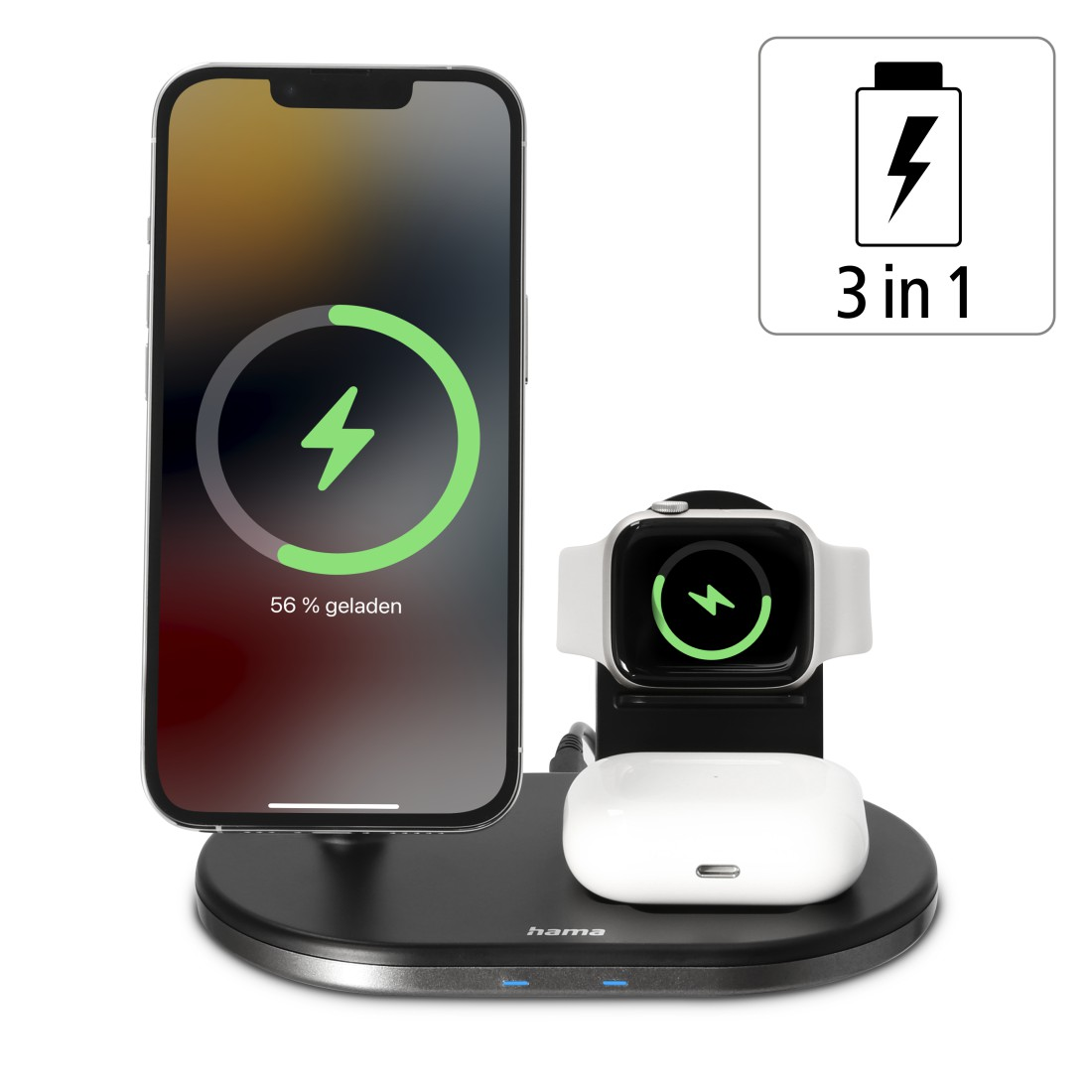 Schwarze Ladestation mit iPhone, Apple Watch und AirPods. Ladesymbole sichtbar.