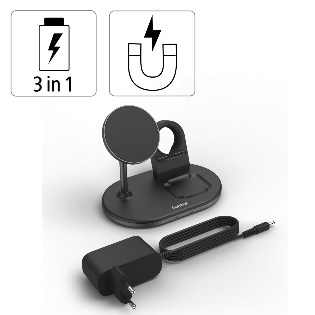 Eine schwarze 3-in-1 Hama-Ladestation mit Kabel und Netzteil. Oben befinden sich zwei Symbole.