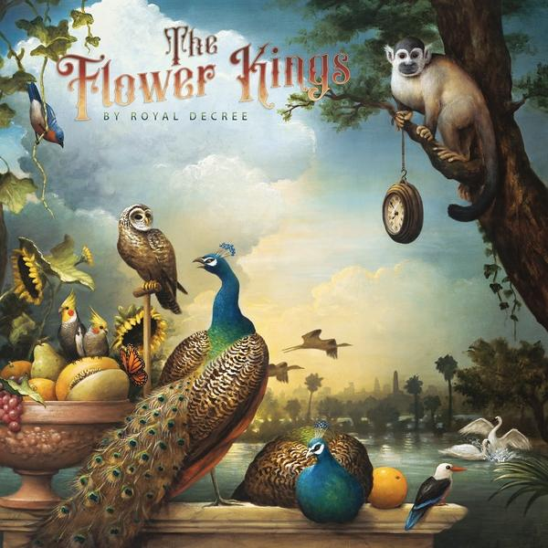 Albumhoes: pauwen, aap, uil, vogels en bloemen. Schilderstijl.