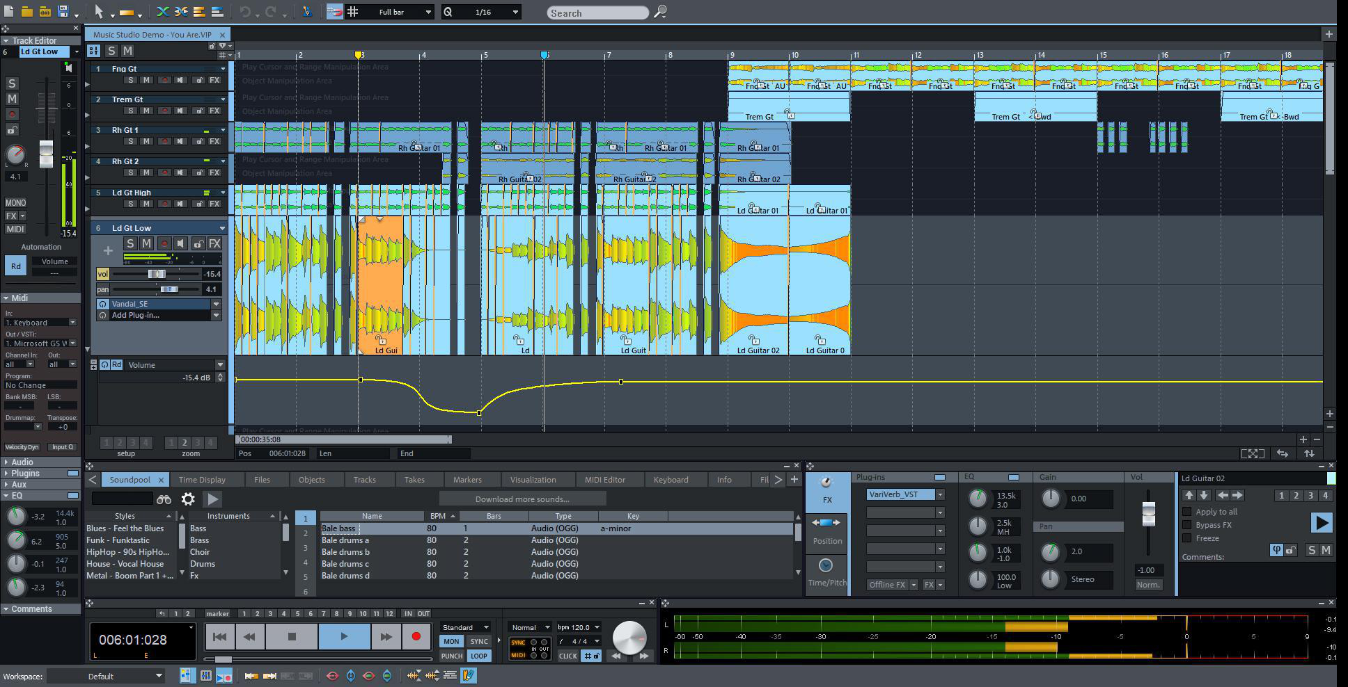 Screenshot einer Audiobearbeitungssoftware mit mehreren Spuren und Wellenformen, Bedienelemente links und unten.