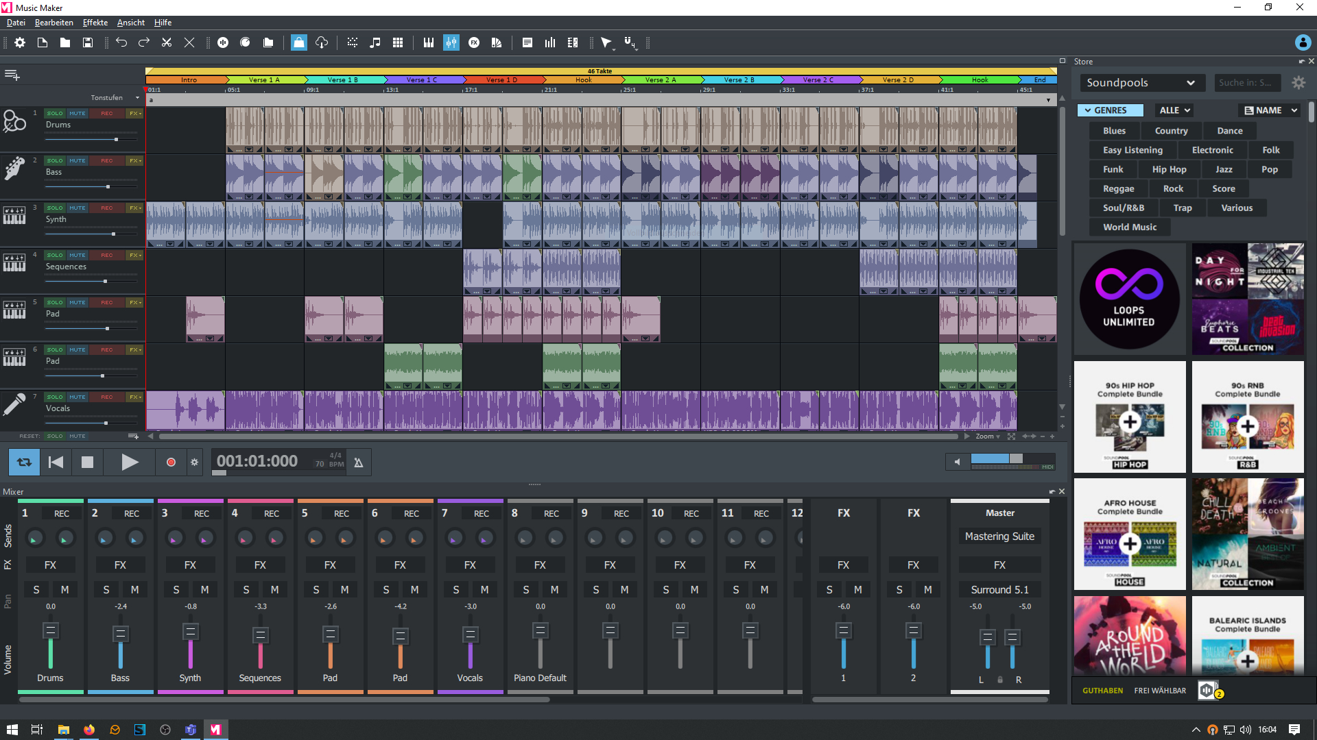 Musikproduktionssoftware-Oberfläche. Tracks, Mixer und Soundpools sichtbar. Dunkles Thema mit verschiedenen Audio-Wellenformen.