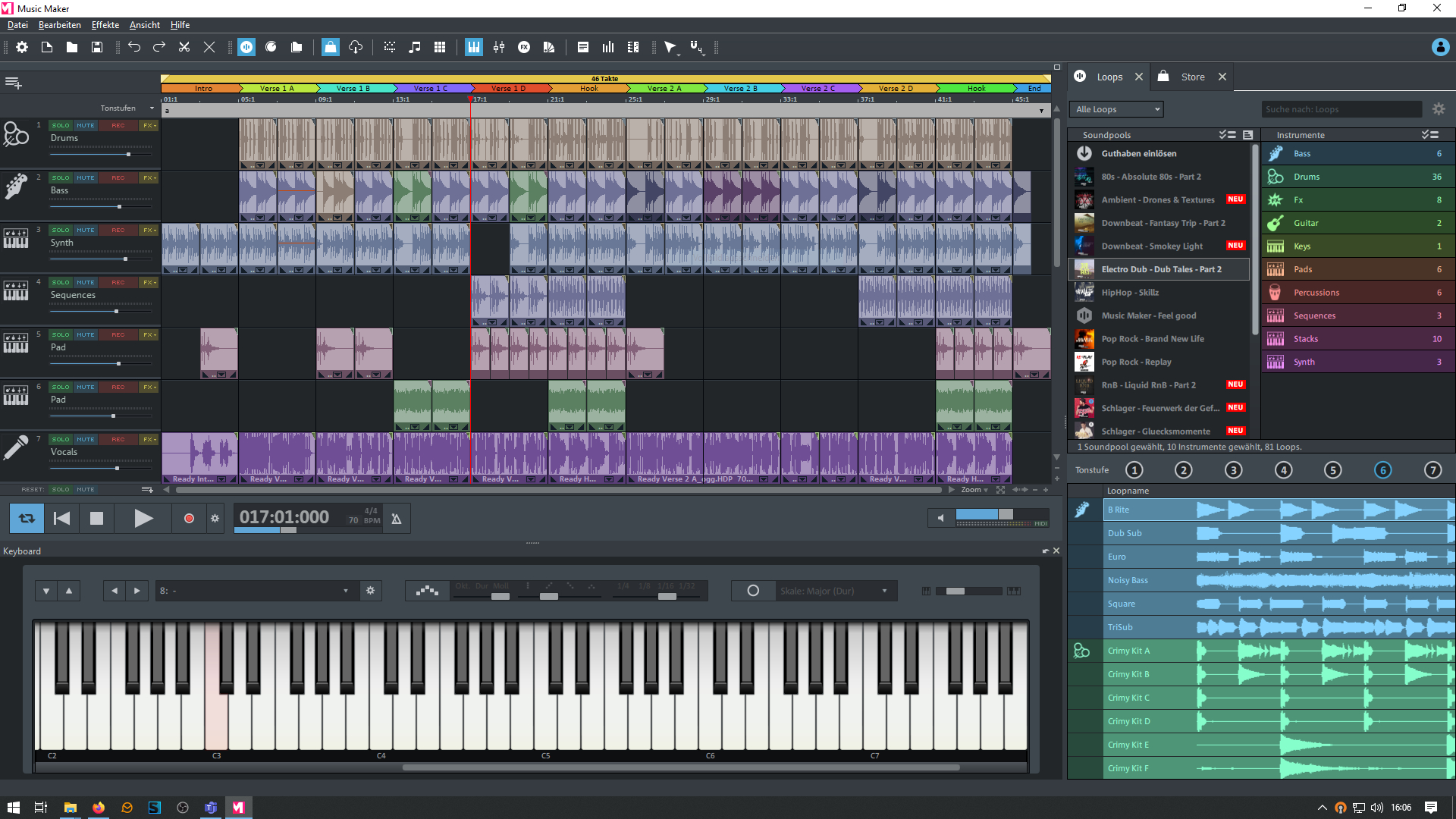 Musikproduktionssoftware-Oberfläche mit Tastatur, Spuren und einem Loop-Bereich.