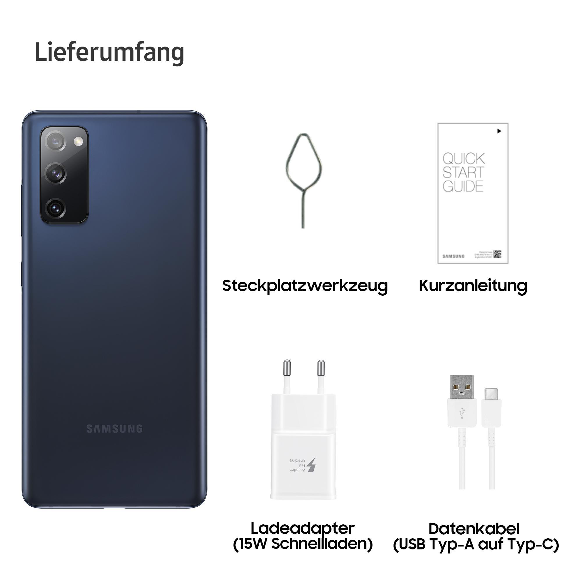 Blaues Samsung Handy, Ladegerät, Kabel, SIM-Werkzeug, mit deutschem Text.
