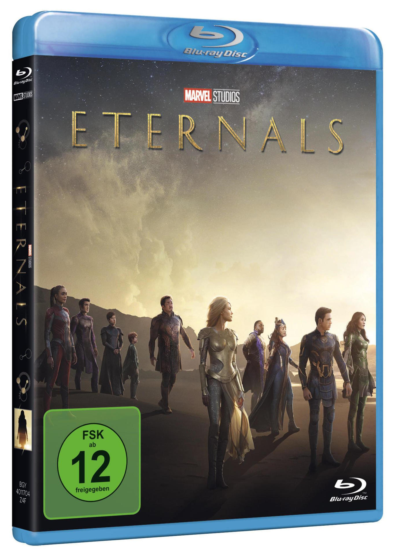 Blu-ray-Disc-Hülle des Films Eternals. Das Cover zeigt eine Gruppe von Charakteren, die auf einem Planeten laufen.