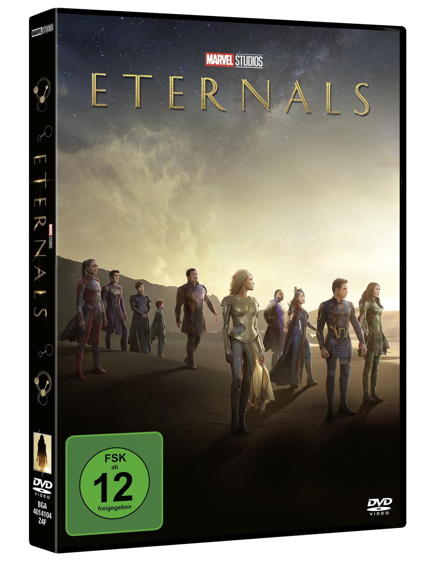 Eternals DVD-Hülle mit Filmtitel, Charakteren und einem grünen Bewertungssiegel.