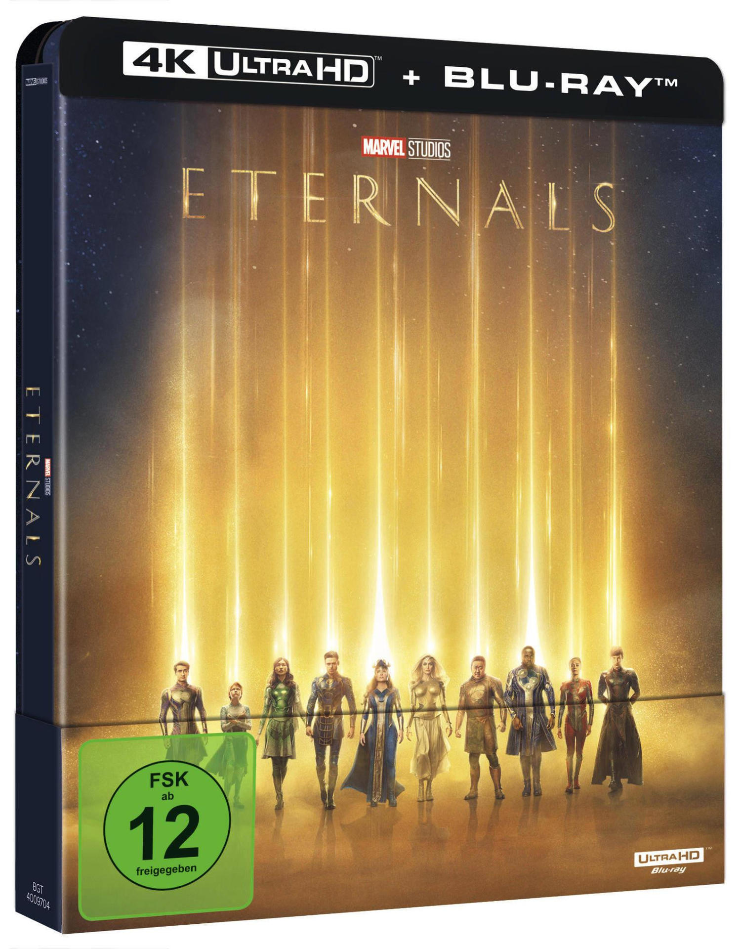 Eternals Blu-ray und 4K Ultra HD Box-Art, mit aufgereihten Charakteren.