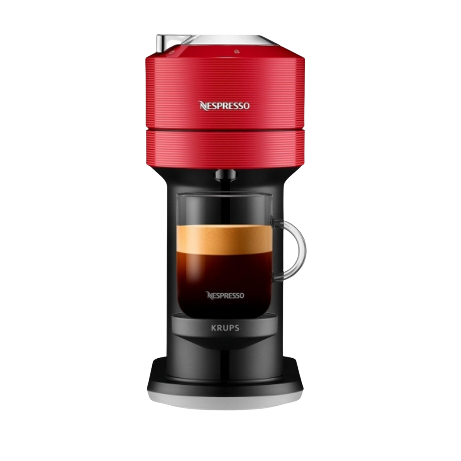 Una cafetera Nespresso roja con una taza de vidrio llena de café. Fondo negro.