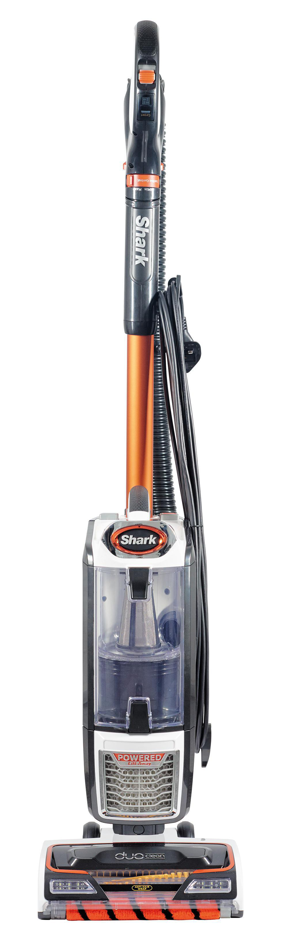 Aufrechter orangefarbener und schwarzer Shark-Staubsauger.