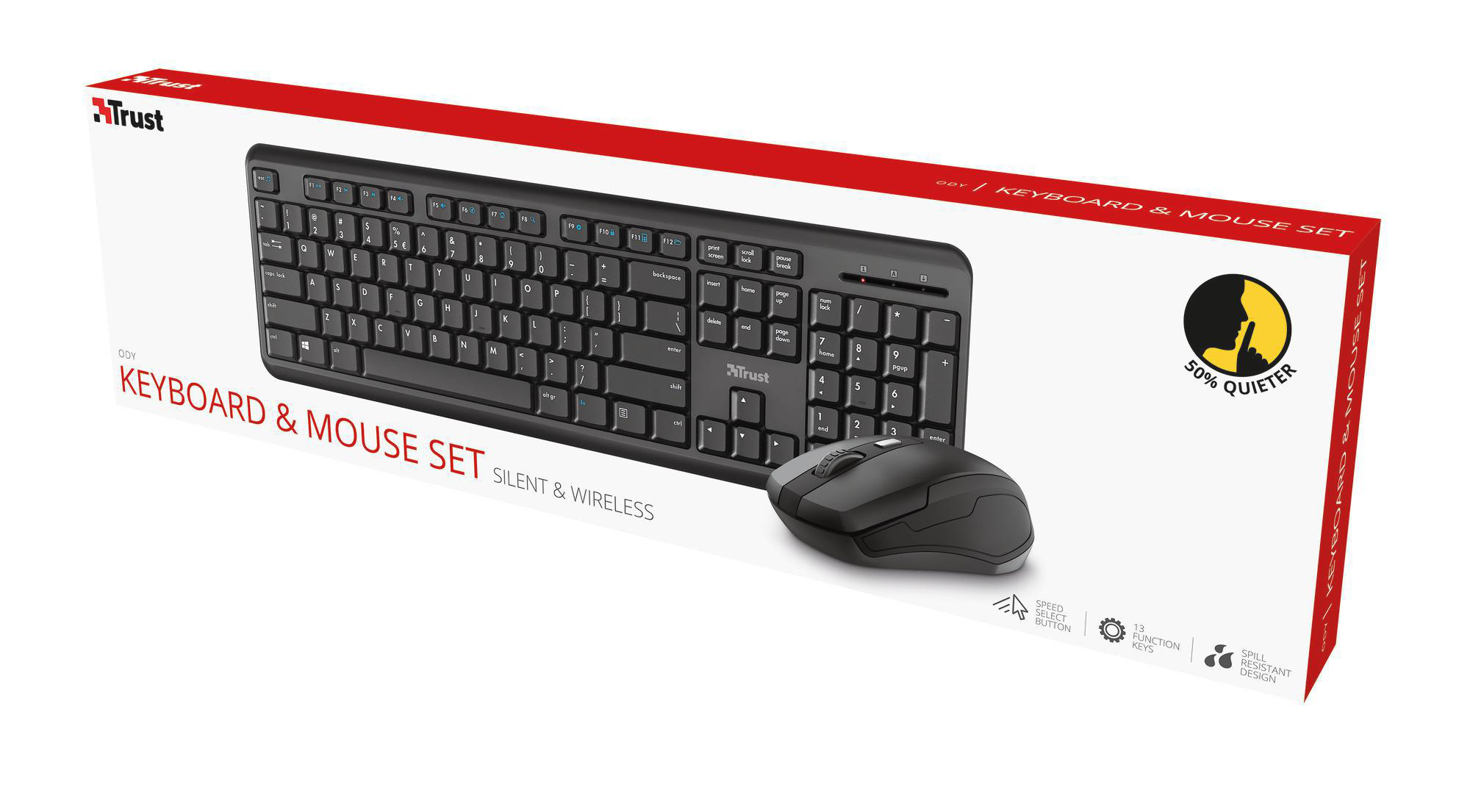 TRUST Set aus Tastatur und Maus Ody Wireless Silent, DE, Schwarz