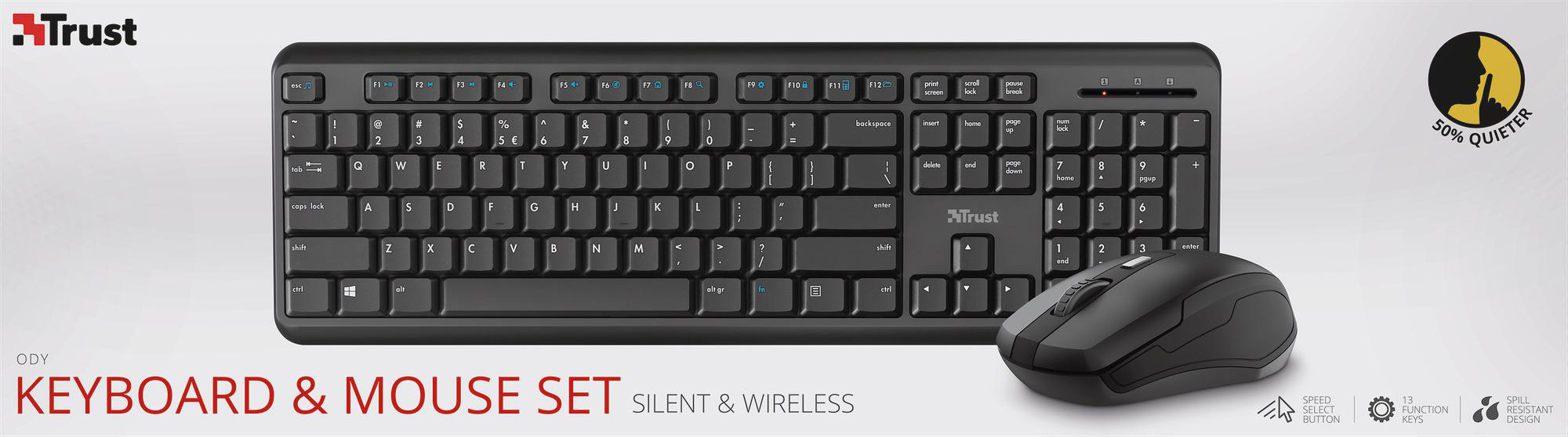TRUST Set aus Tastatur und Maus Ody Wireless Silent, DE, Schwarz