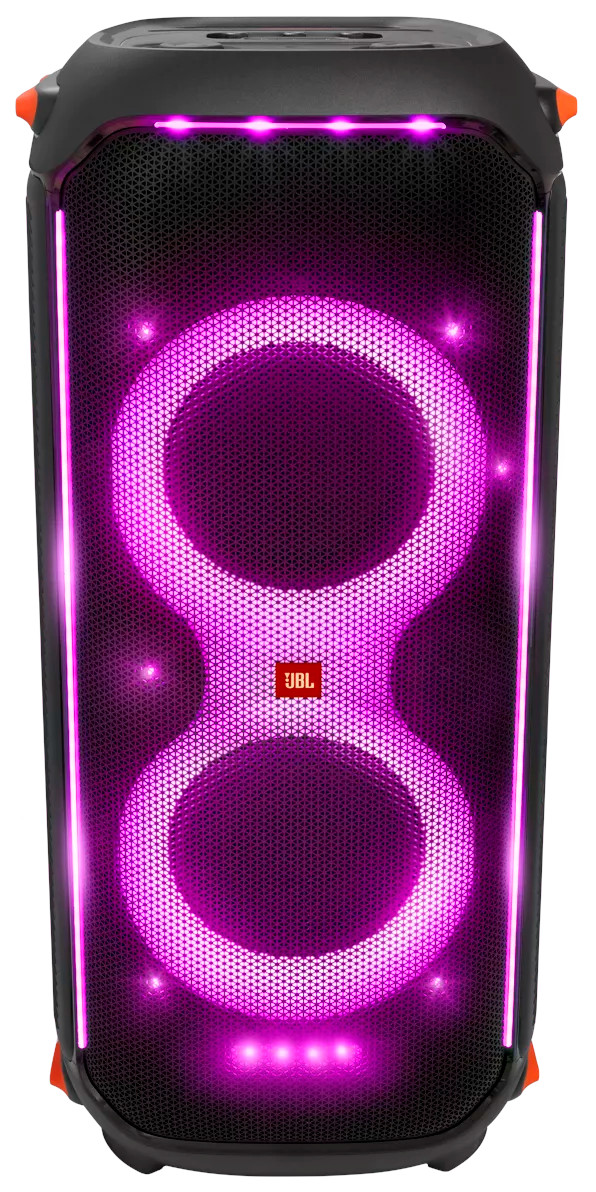 Een zwarte en oranje JBL-luidspreker met felroze lichten.
