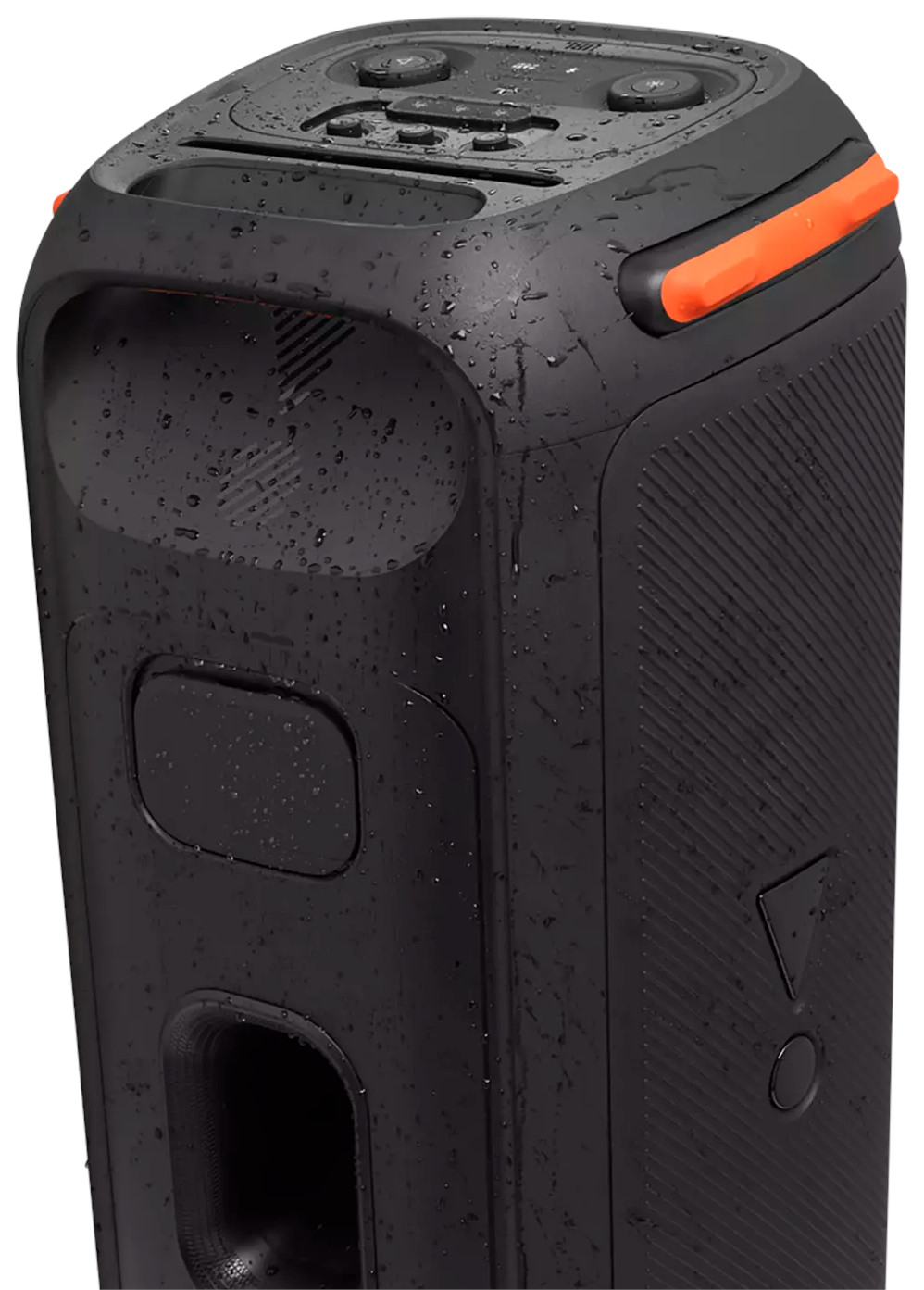 Zwarte rechthoekige JBL-luidspreker met oranje accenten. Het is nat met waterdruppels.