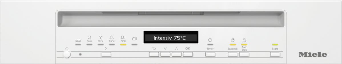 Een close-up van een wit Miele-vaatwasser bedieningspaneel met knoppen en een display.
