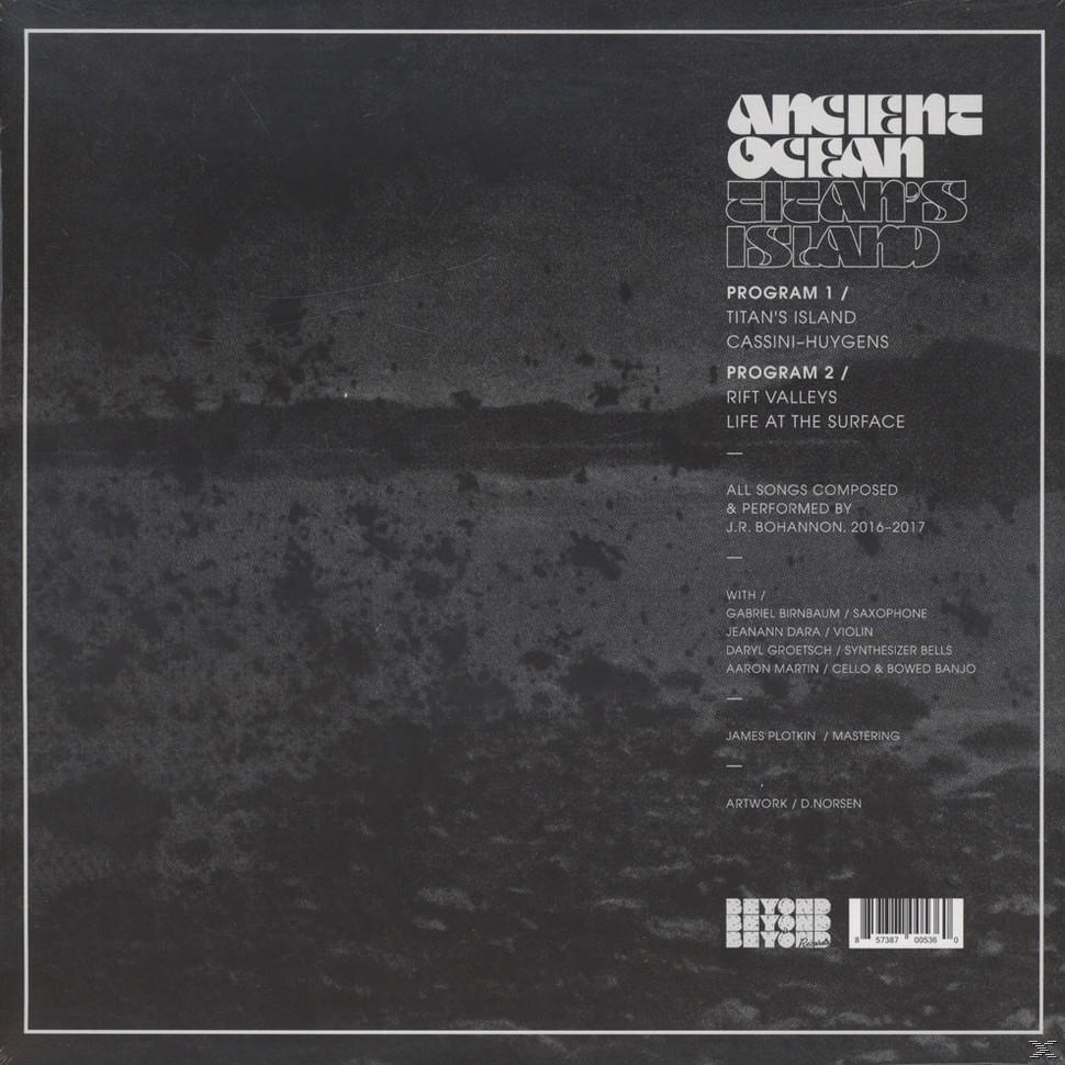 Schwarze Vinyl-Schallplatte mit weißem Text. Albumcover mit Titel: Ancient Ocean. Grauer Hintergrund.