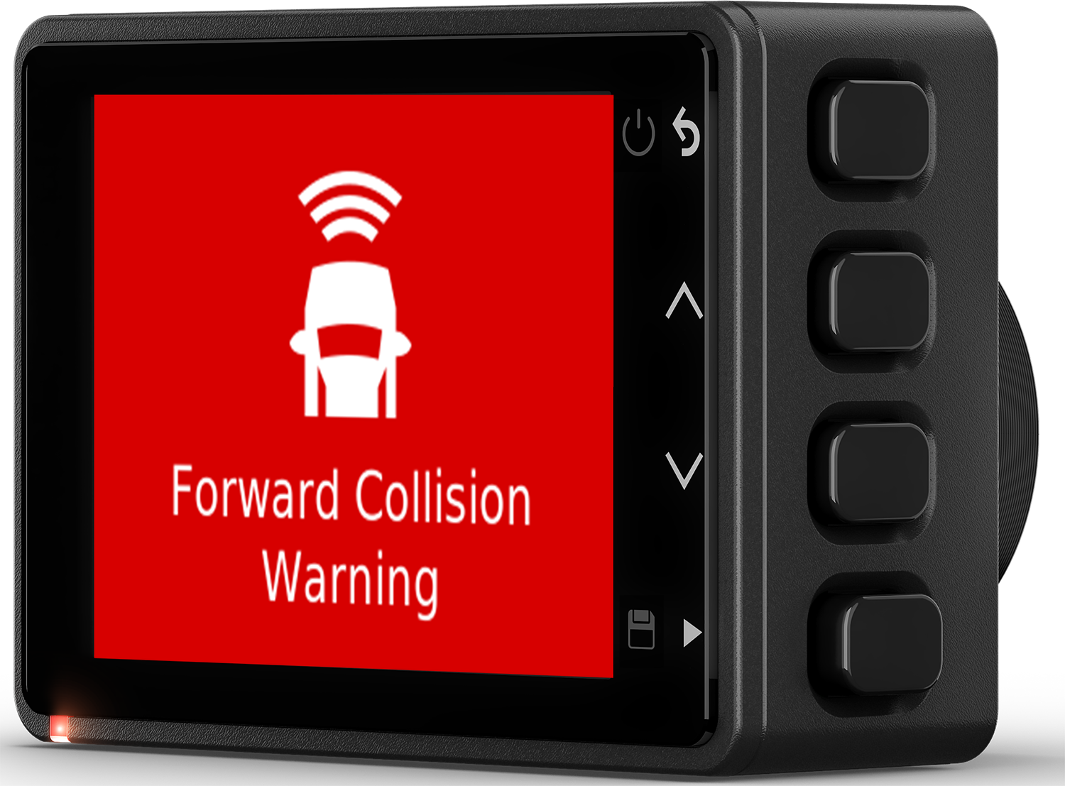 Dashboard met rood scherm met een auto-icoon en de tekst "Forward Collision Warning".