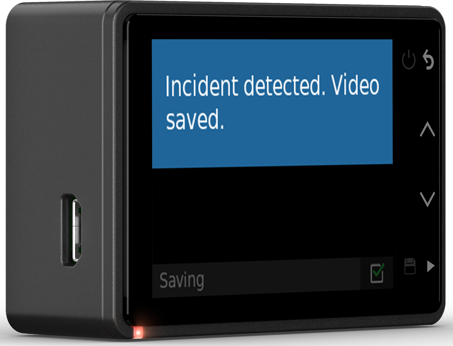 Zwart actiecamera scherm toont blauwe doos met tekst: Incident gedetecteerd. Video opgeslagen. Onderaan: Opslaan.