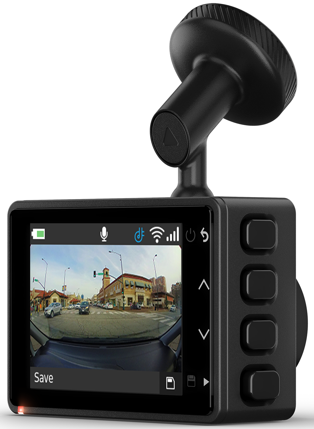 Een dashcam, met een straatbeeld, gemonteerd op een standaard.