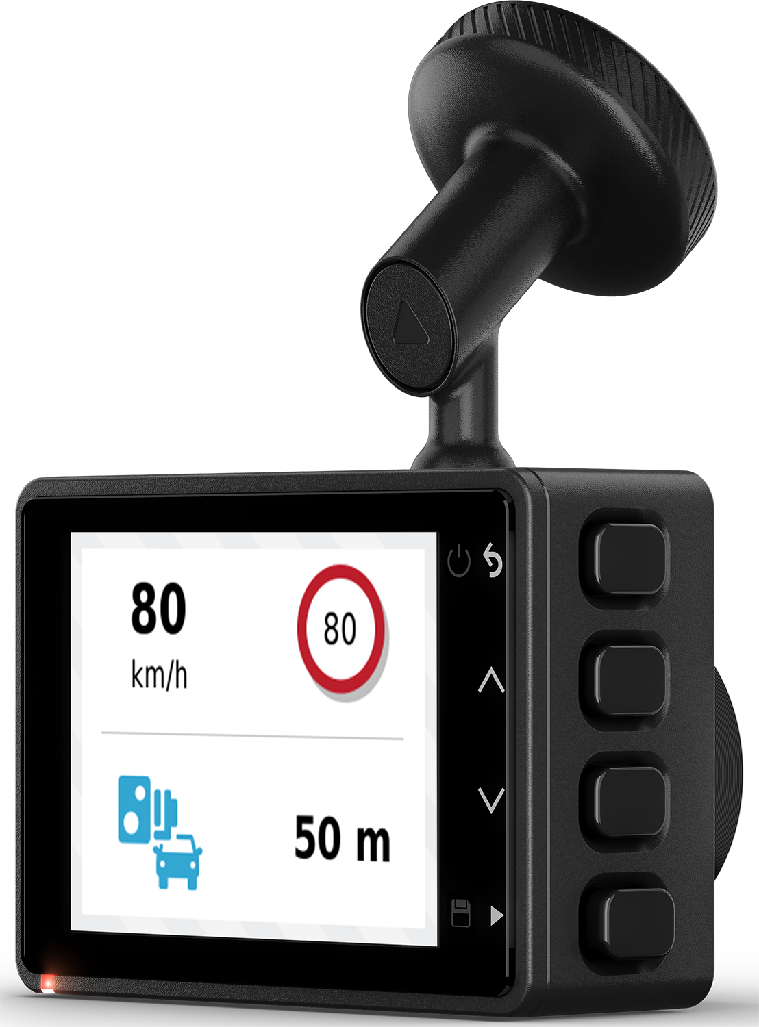 Zwarte dashcam met display met snelheid, snelheidslimiet en afstand tot potentiële gevaren.