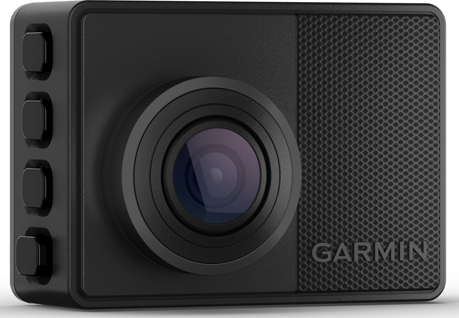 Garmin dashcam, zwart met lens en knoppen, zwarte achtergrond.
