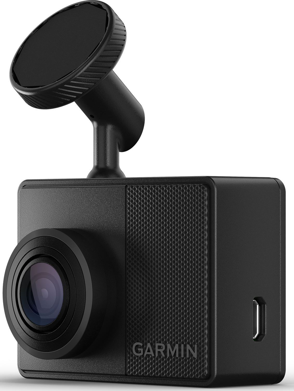 Zwarte Garmin dashcam met lens, houder en Garmin-logo.