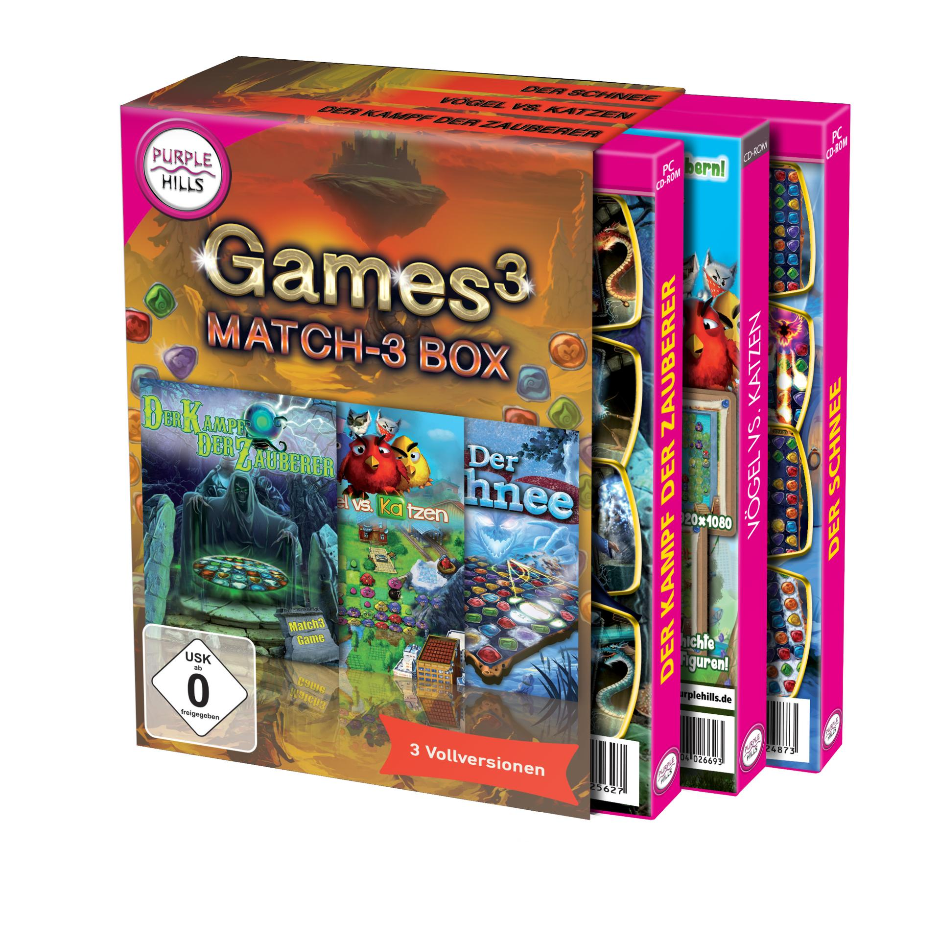 Box-Set mit drei Spielkassetten: 'Der Schnee', 'Vögel vs. Katzen' und 'Der Kampf der Zauberer'.