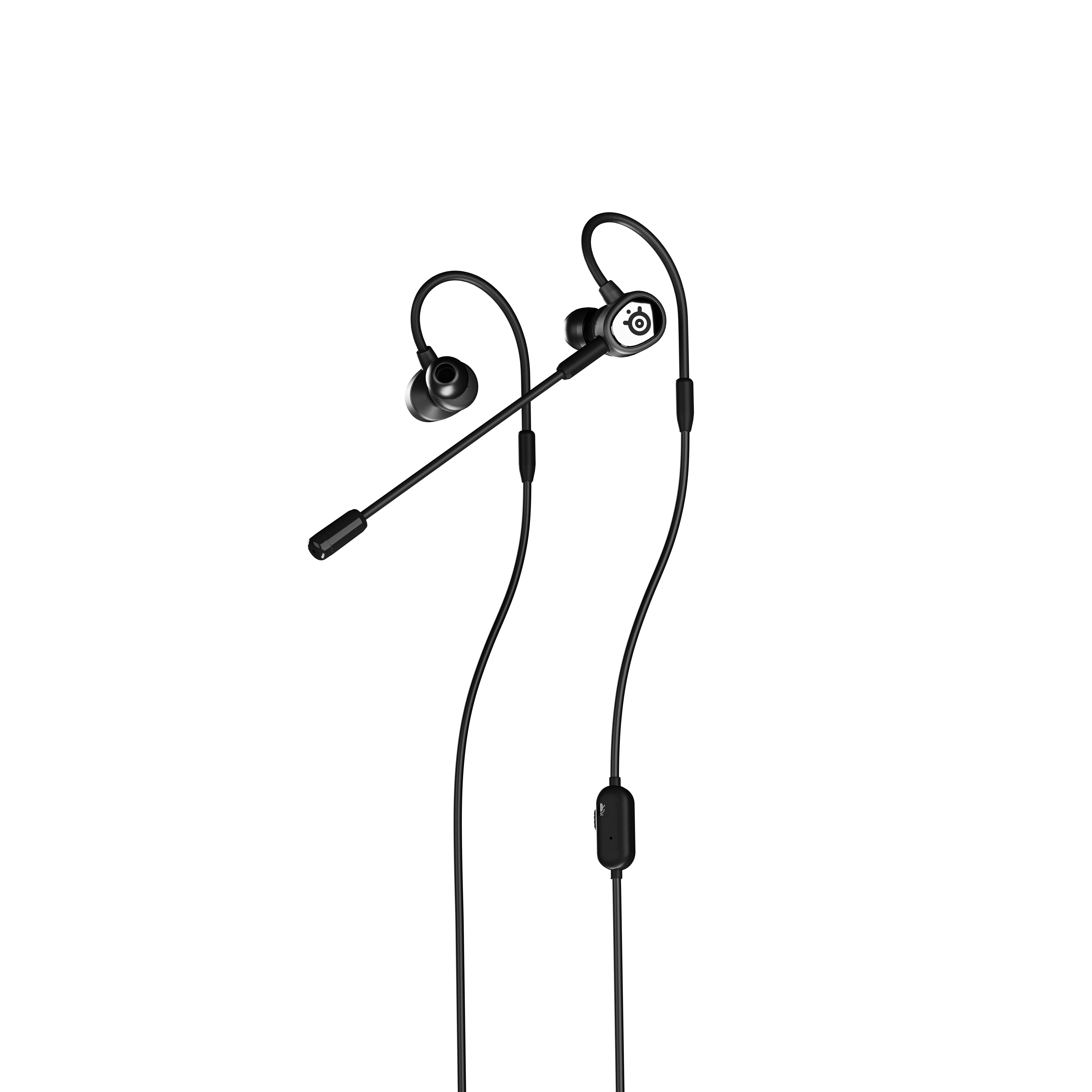 Schwarze In-Ear-Kopfhörer mit Mikrofon, isoliert auf weißem Hintergrund.