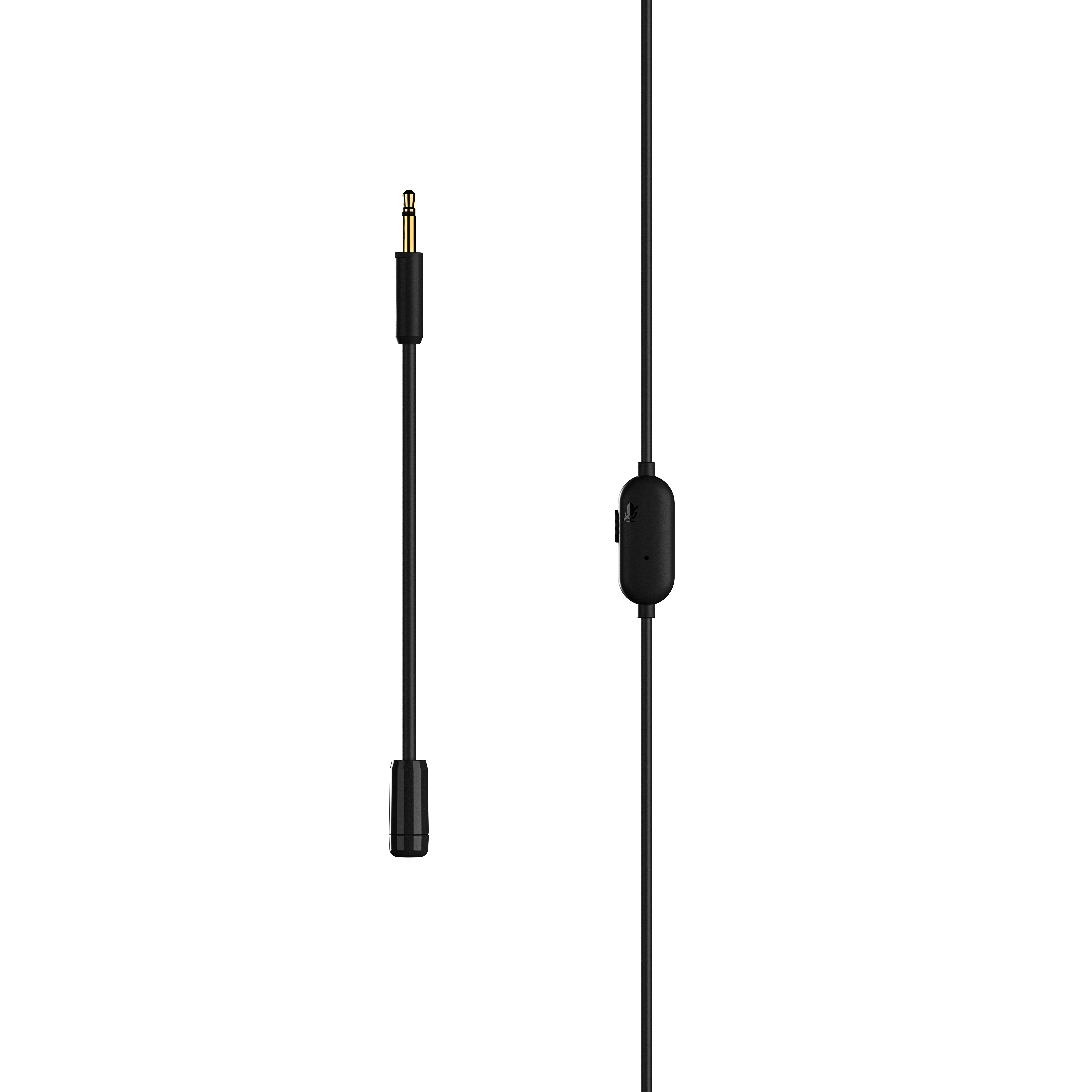 Schwarzes Audiokabel mit 3,5-mm-Klinke und Steuermodul. Der Hintergrund ist weiß.