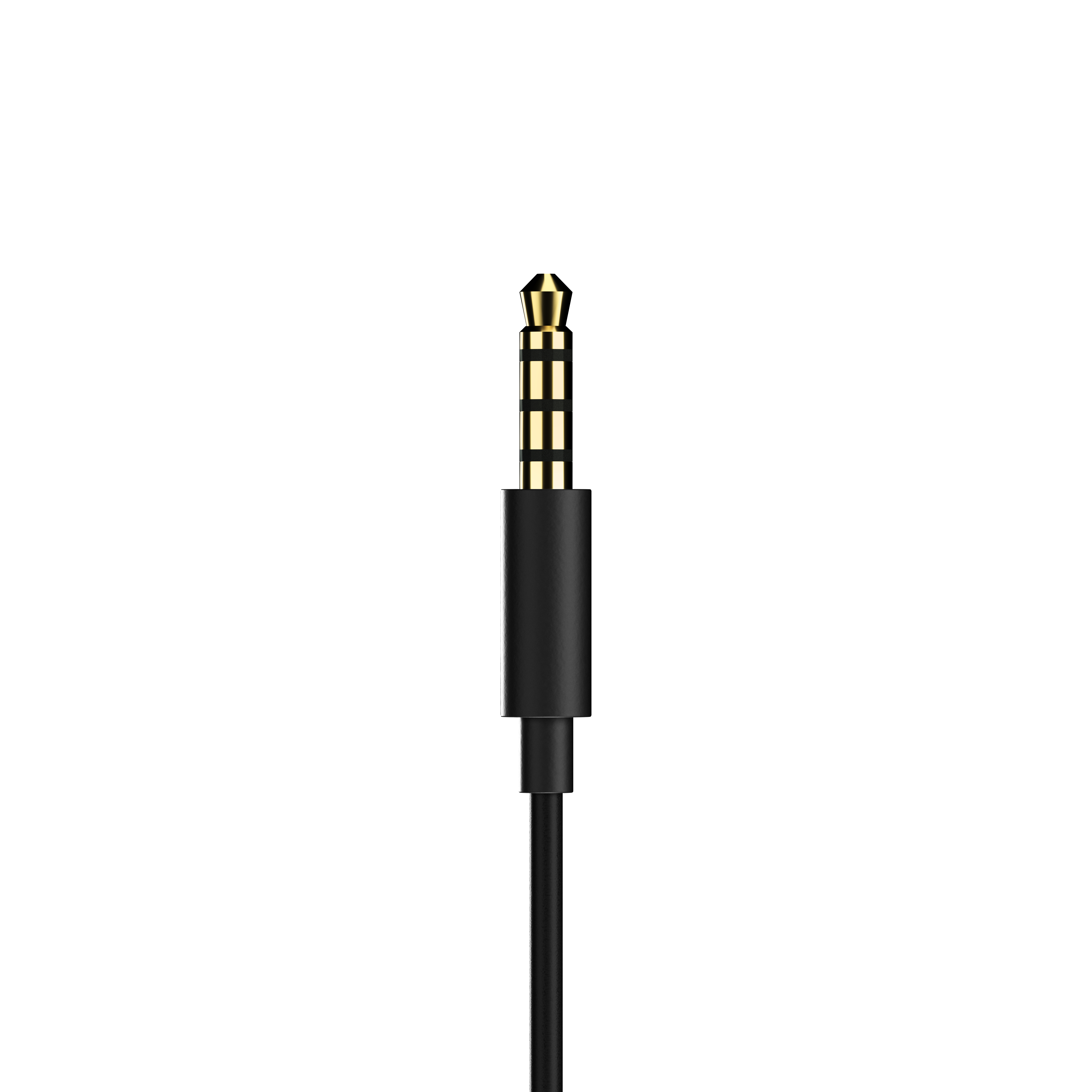 Nahaufnahme eines schwarzen Audio-Klinkensteckers mit goldfarbener Spitze. Das Kabel ist schwarz.