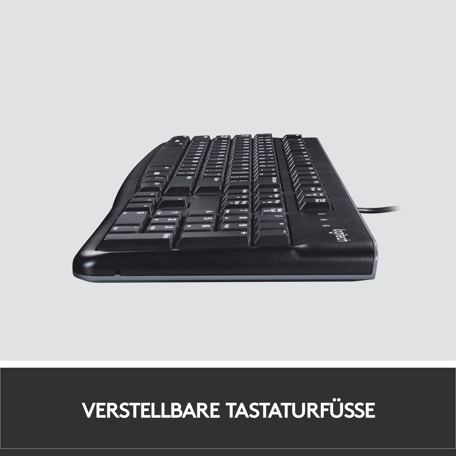 Schwarze Tastatur mit weißen Tasten. Text unten: Verstellbare Tastaturfüße.
