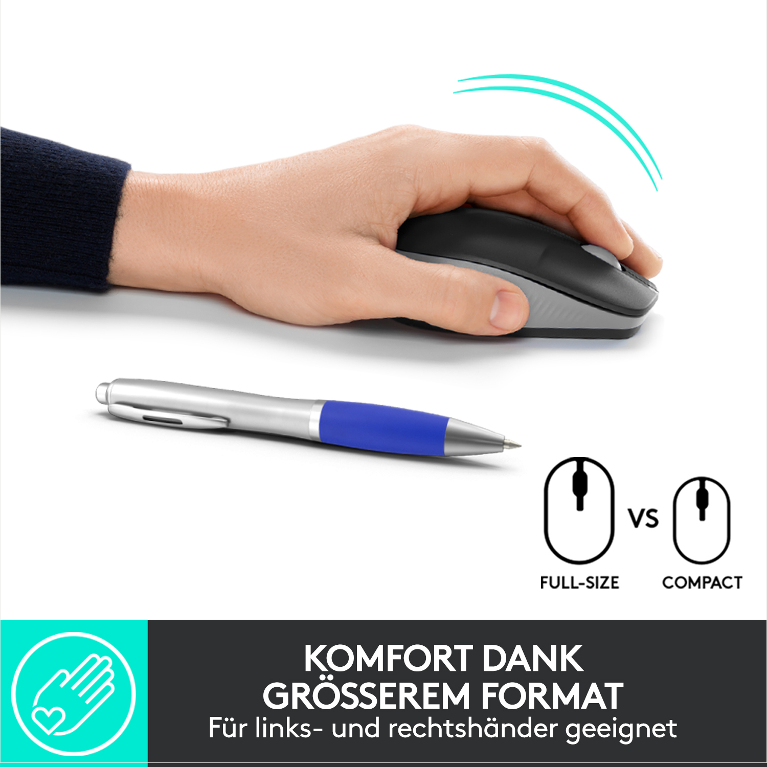 Hand, die eine schwarz-graue Maus benutzt. Blauer Stift. Text: Full-Size vs Compact. Weißer Hintergrund.