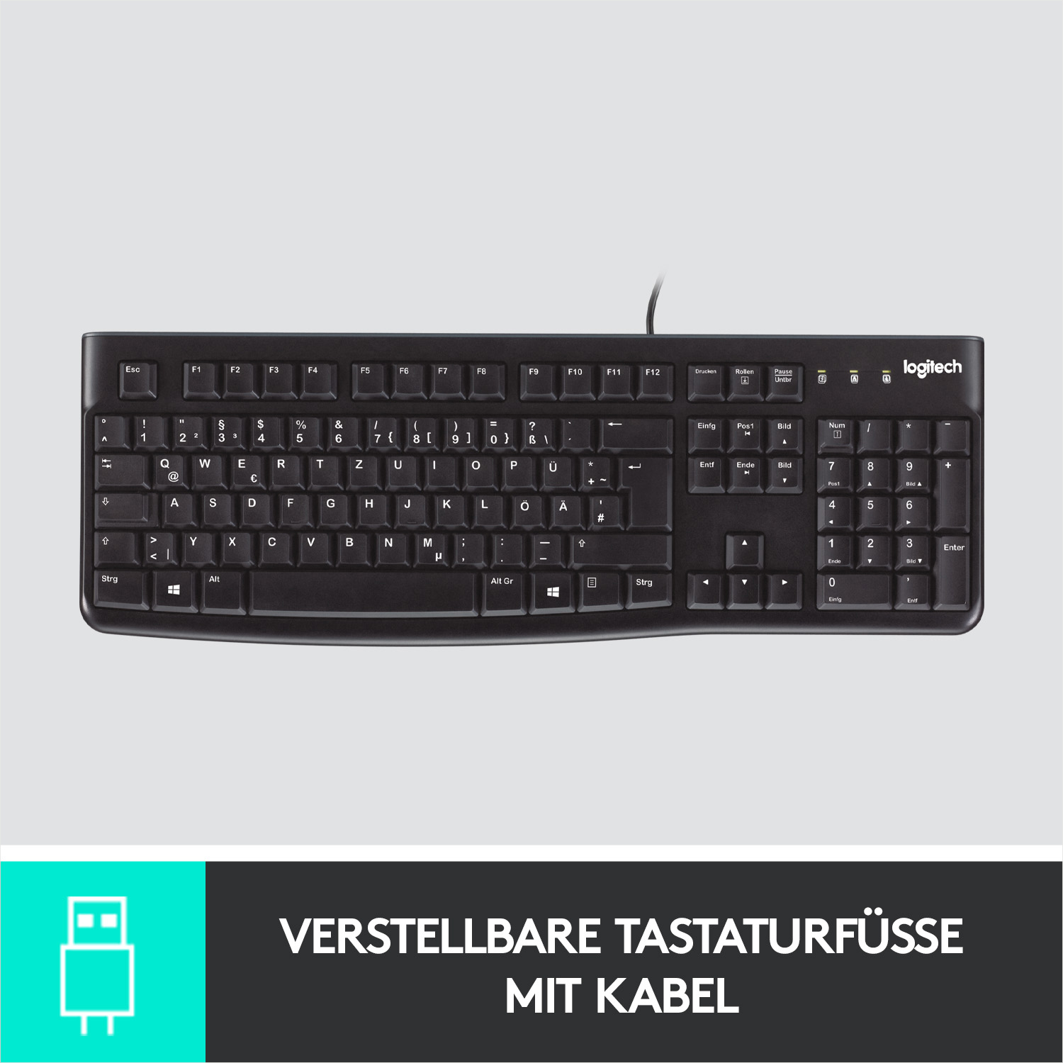 Schwarze Logitech-Tastatur mit Tasten und weißen Markierungen. Unten verstellbare Füße und ein USB-Symbol.