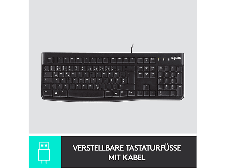 Logitech K120 Keyboard Kabelgebunden, USB Tastatur Deutsch, QWERTZ Schwarz Spritzwassergeschützt — Foto 4 von 6