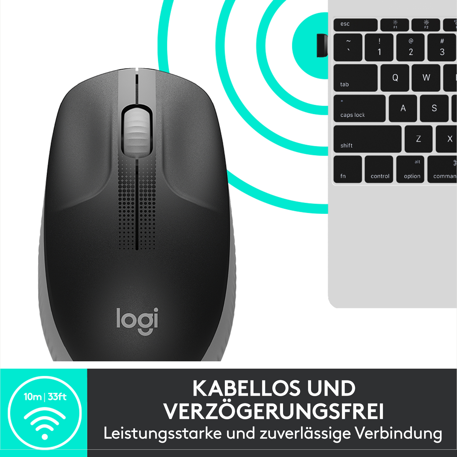Eine schwarz-graue Computermaus neben einer Tastatur. Text über drahtlose Konnektivität.