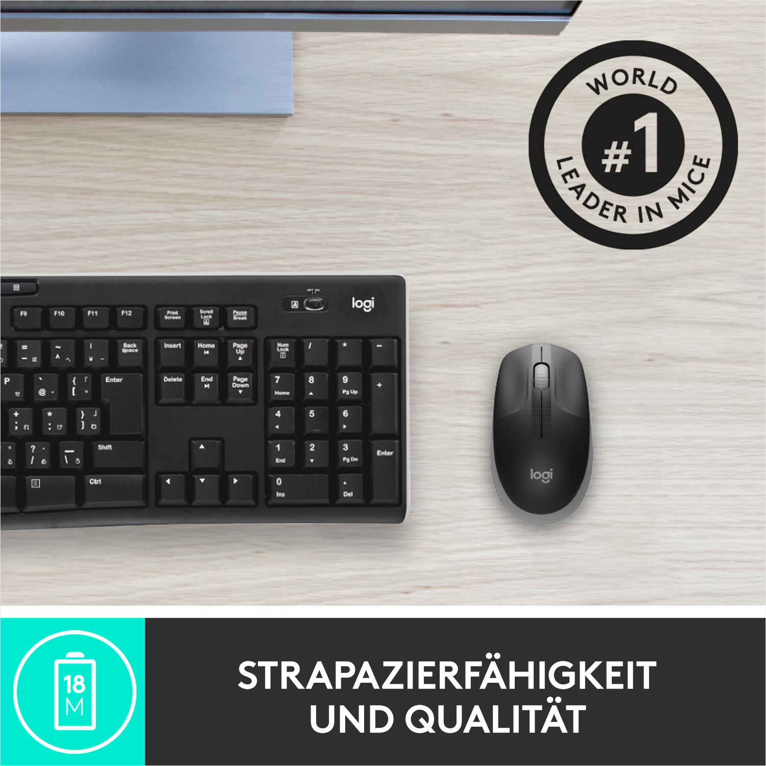 Schwarze Tastatur und Maus auf einem Holztisch mit einem "World #1 in mice"-Logo.