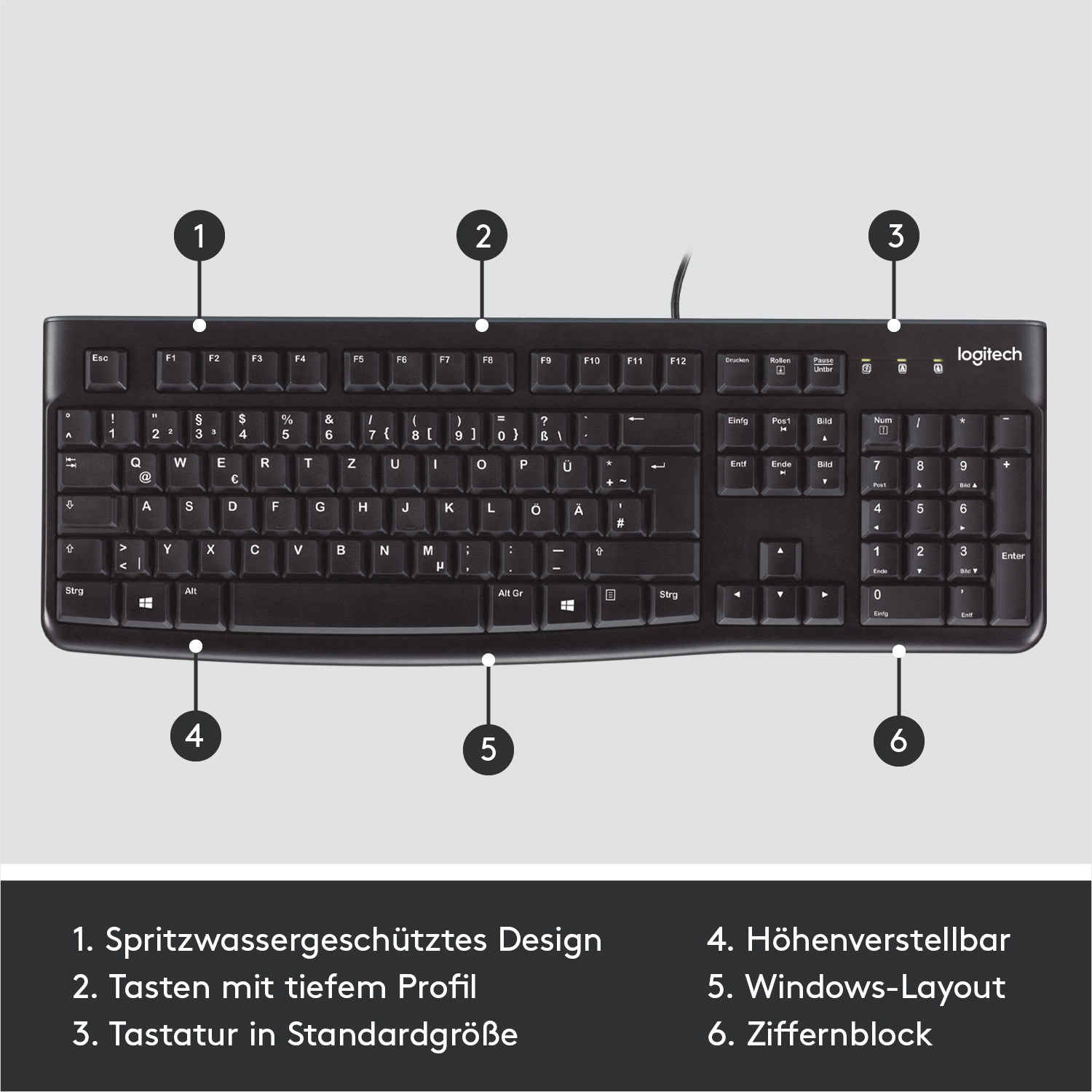 Eine schwarze Logitech-Tastatur mit beschrifteten Tasten und nummerierten Funktionen.