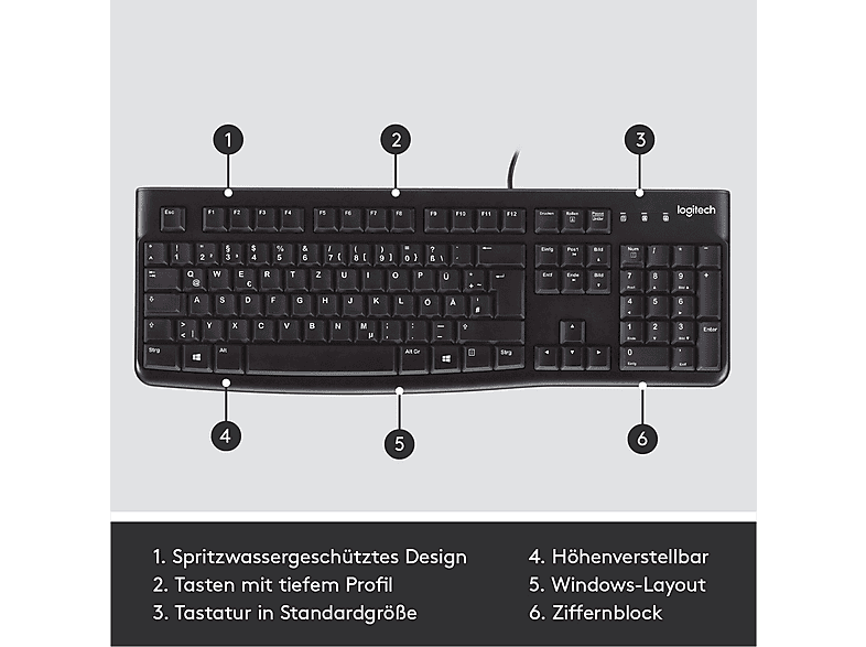 Logitech K120 Keyboard Kabelgebunden, USB Tastatur Deutsch, QWERTZ Schwarz Spritzwassergeschützt — Foto 6 von 6