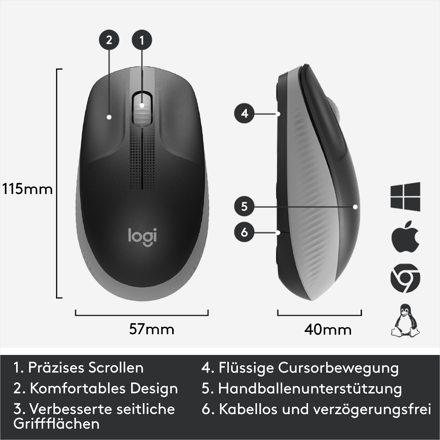 Schwarze und graue Logitech-Maus. Hat ein Scrollrad und Seitengriffe. Inklusive Abmessungen.