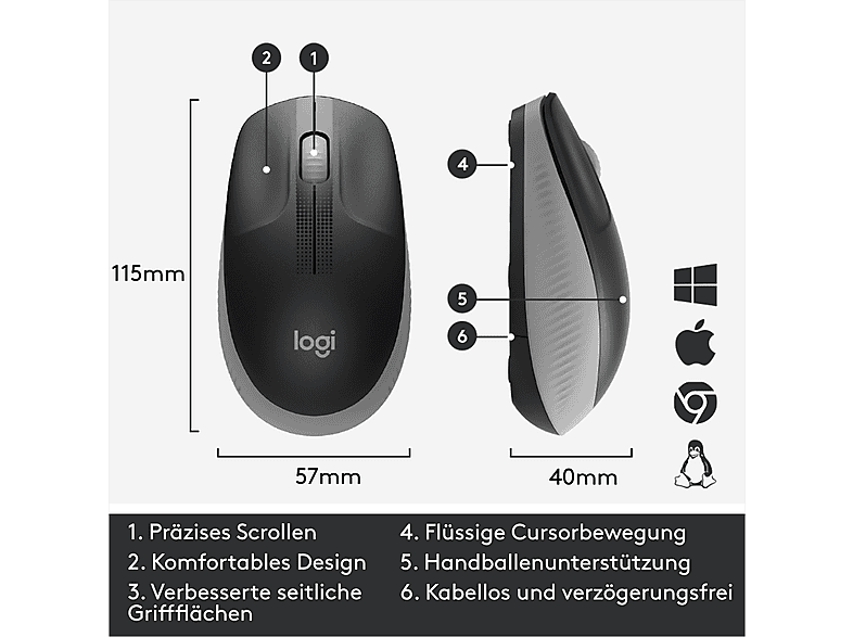 LOGITECH Maus M190 Full-Size, 1000dpi, Kabellos, USB, Mittelgrau — Foto 4 von 5
