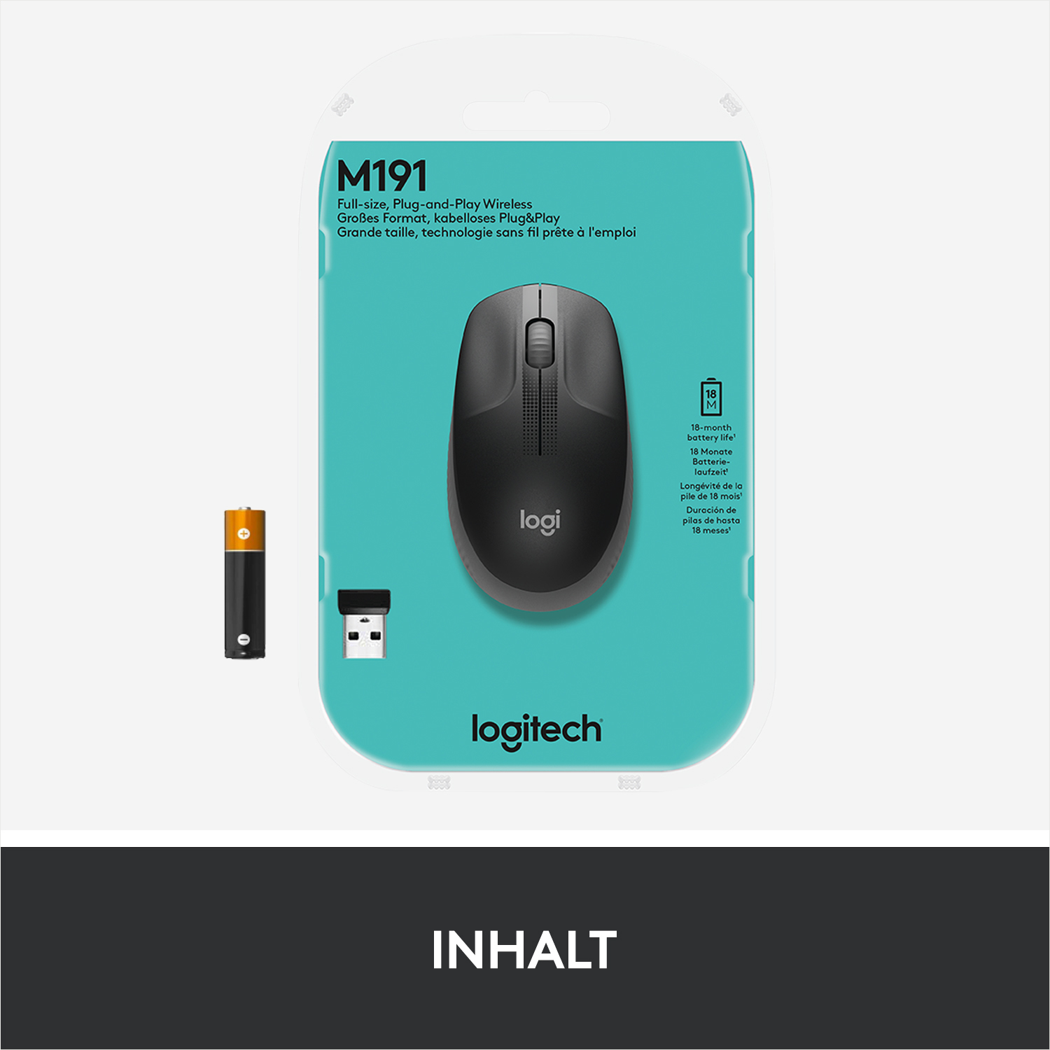 Eine schwarze Logitech M191 Maus in ihrer Verpackung, mit einer Batterie und einem USB-Empfänger.
