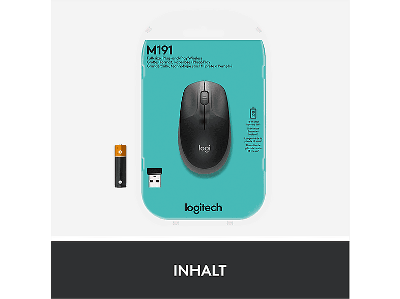 LOGITECH Maus M190 Full-Size, 1000dpi, Kabellos, USB, Mittelgrau — Foto 5 von 5