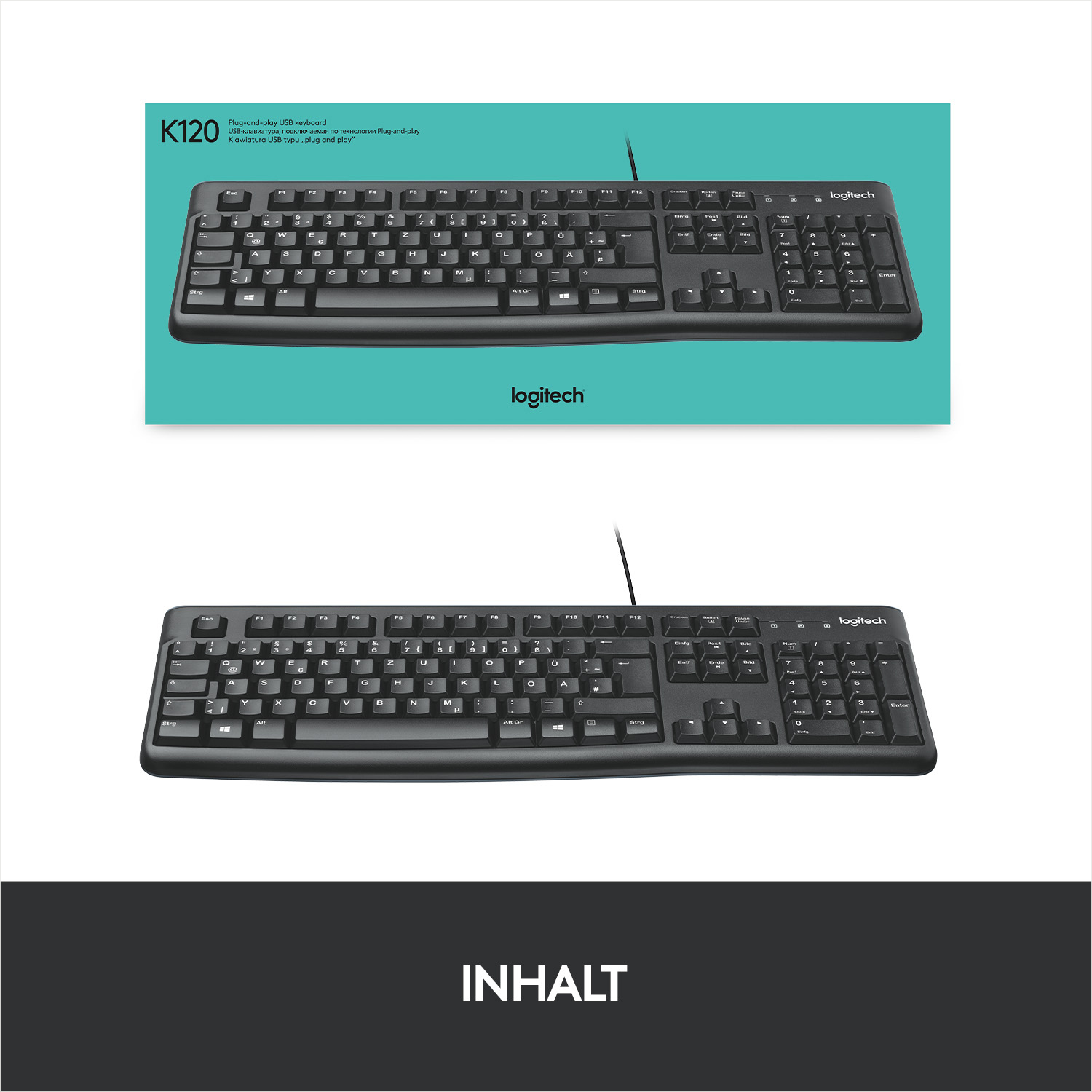 Zwei Bilder einer schwarzen Logitech-Tastatur, eines von oben und das andere von der Seite.